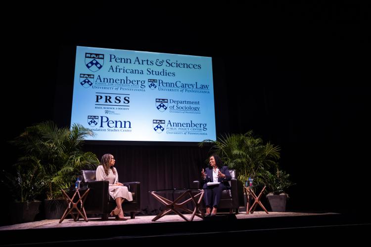 Prof. Dorothy Roberts and Prof. Marcia Chatelain having a conversation on stage.