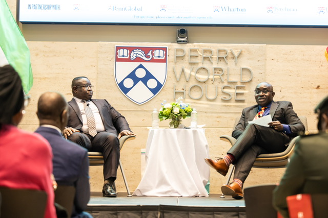 President Bio being interviewed by Wale Adebanwi in the World Forum at Perry World House.