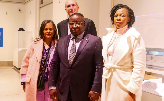 From left to right: Dr. Camille Z. Charles, Dean Jeffrey Kallberg, President Julius Maada Bio of Sierra Leone, and First Lady Fatima Jabbe-Bio Sierra Leone.