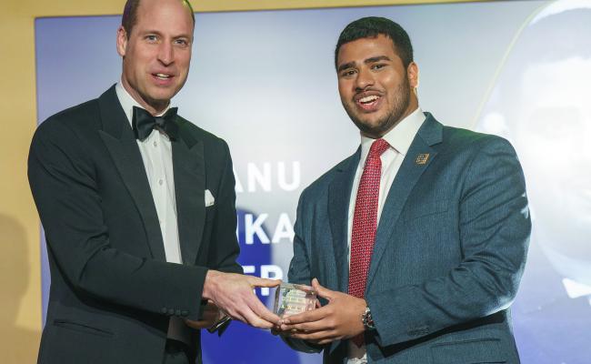 Britain’s Prince William presents an award to Gobhanu Sasankar Korisepati, a first-year student at the University of Pennsylvania from Oman, during the Diana Legacy Award, at the Science Museum in London, on March 14, 2024. (Image: Arthur Edwards/Pool Photo via AP)