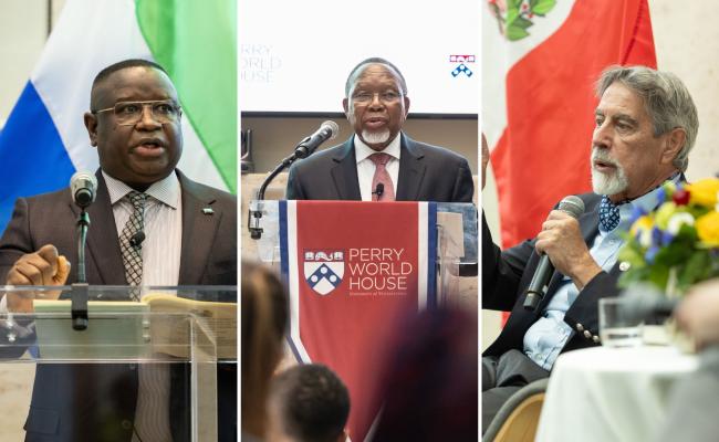 World leaders who came to Penn in recent weeks include (left to right) Sierra Leone President Julius Maada Bio; former South African President Kgalema Petrus Motlanthe; and former Peruvian President and Penn alum Francisco Sagasti. (Images: Courtesy of Eddy Marenco and Sarah Miller Photography)