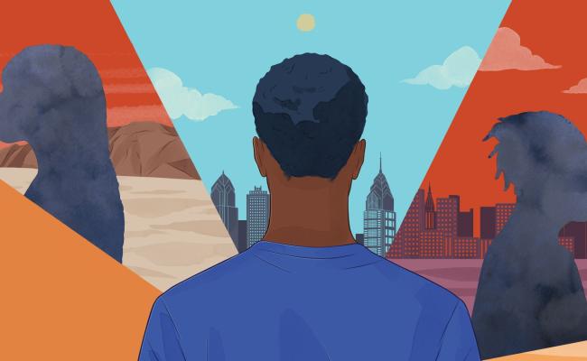 A young Black man stands in front of brightly coloured cityscape, with two other African diasporic figures to his right and left staring into different landcapes. Illustration By Stephanie Singleton