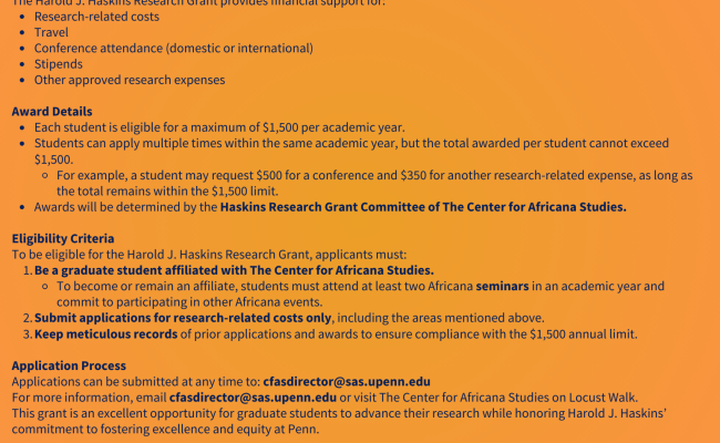 Harold J. Haskins Research Grant for Graduate Students at The Center for Africana Studies