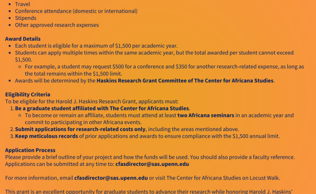 Harold J. Haskins Research Grant for Graduate Students at The Center for Africana Studies