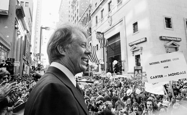 Then-Presidential candidate Jimmy Carter prepares to give a speech to a crowd estimated at 35,000 in downtown Philadelphia in October 1976. (AP Photo/File)