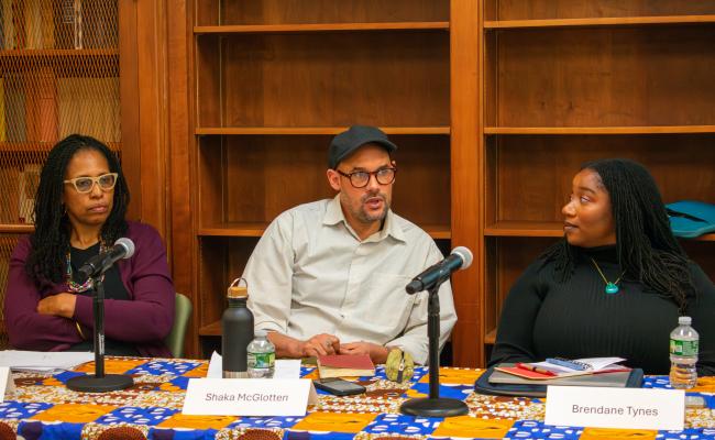 Shaka McGlotten (center) speaks to the audience with Sherie M. Randolph and Brendane Tynes on his left and right, respectively.