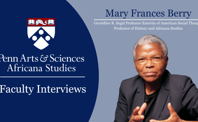 Mary Frances Berry next to iconography for Africana Studies Faculty Interviews