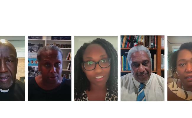 Prof. Marcia Chatelain next to other speakers during an online panel
