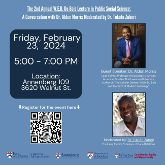 Cover for "The 2nd Annual W.E.B. Du Bois Lecture in Public Social Science: A Conversation with Dr. Aldon Morris, Moderated by Dr. Tukufu Zuberi"