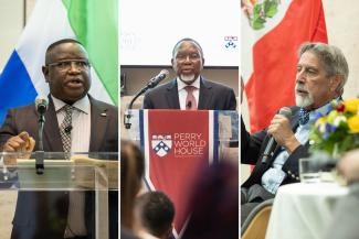 World leaders who came to Penn in recent weeks include (left to right) Sierra Leone President Julius Maada Bio; former South African President Kgalema Petrus Motlanthe; and former Peruvian President and Penn alum Francisco Sagasti. (Images: Courtesy of Eddy Marenco and Sarah Miller Photography)