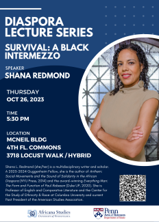 Flyer for Shana Redmond's lecture, "Survival: A Black Intermezzo"