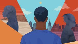 A young Black man stands in front of brightly coloured cityscape, with two other African diasporic figures to his right and left staring into different landcapes. Illustration By Stephanie Singleton