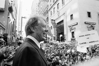 Then-Presidential candidate Jimmy Carter prepares to give a speech to a crowd estimated at 35,000 in downtown Philadelphia in October 1976. (AP Photo/File)