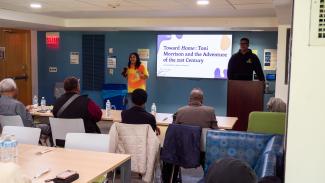 Jaimee Martin and Qamar Wilson discuss "Toward Home" by Toni Morrison with event attendees.