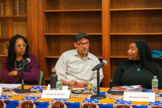 Shaka McGlotten (center) speaks to the audience with Sherie M. Randolph and Brendane Tynes on his left and right, respectively.