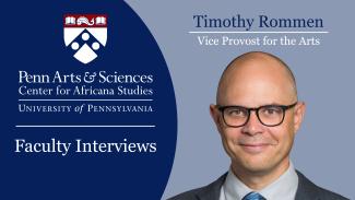 Timothy Rommen next to iconography for Africana Studies Faculty Interviews