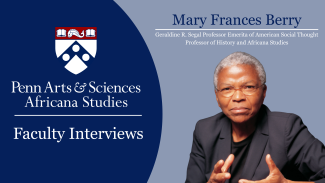 Mary Frances Berry next to iconography for Africana Studies Faculty Interviews